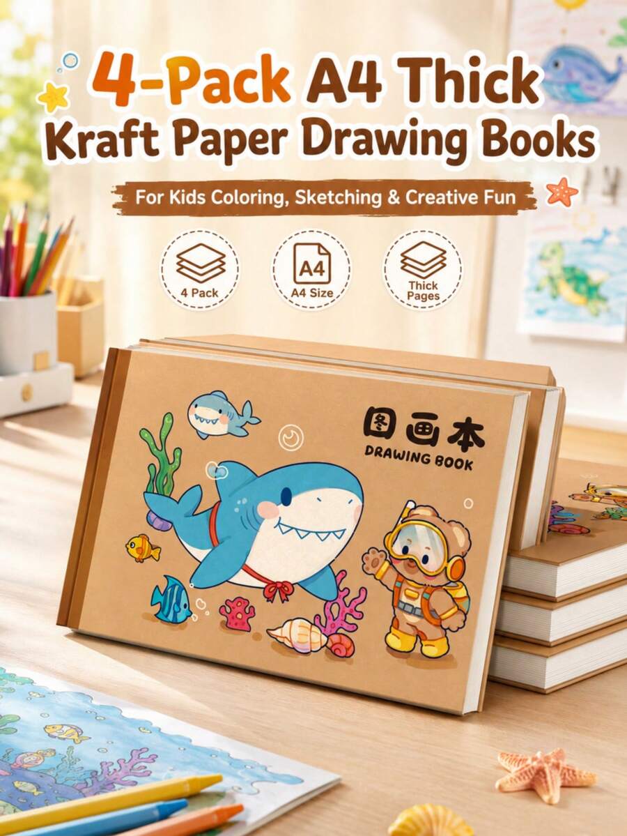 4本 A4 厚牛皮紙素描本,適合兒童與小學生使用,不滲透,適用於麥克筆、彩色鉛筆、蠟筆與水彩 - 多款可選 - 查看 1