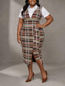 NOU Women's Mid-Length Elegant Square Neck Bodycon Plaid Dress, Flattering Fit For Work, Afternoon Tea, Church, Formal Occasions. Solid Color, Elegant Fabric, Faux Pockets, Suitable For Office, Daily Dates, Birthday Parties, Mother's Day, Casual Spring/Autumn - Multicolor - View 3
