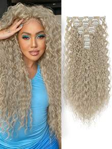 Extensiones de clip de cabello rizado de fibra sintética marrón, 9 piezas de doble capa, juego de paquetes de cabello rizado de fibra sintética resistente al calor para cabeza completa - Multicolor - Ver 4