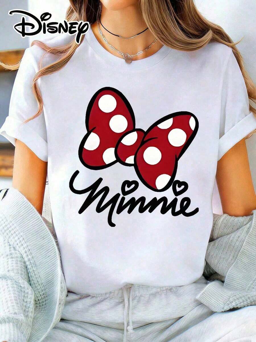 Disney Lady's T-Shirt, Featuring The Mickey Mouse Bow Cartoon Pattern. The Fabric Is Soft, Comfortable And Durable. This Is A Summer/Winter Ladies' Round-Neck T-Shirt, Suitable For Daily Wear, Shopping, Attending Parties And Gatherings. It Is Also More Suitable For Daily Outfits And As A Gift. - trắng - Xem 1