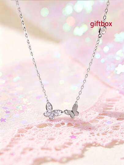 1pc S925 Sterling Silver Double Butterfly Pendant Necklace, Suitable For Daily Wear, Hypoallergenic, Inlaid With Synthetic Cubic Zirconia, Fresh Mori Style Delicate Necklace, Minimalist Elegant, Exquisite Birthday Gift