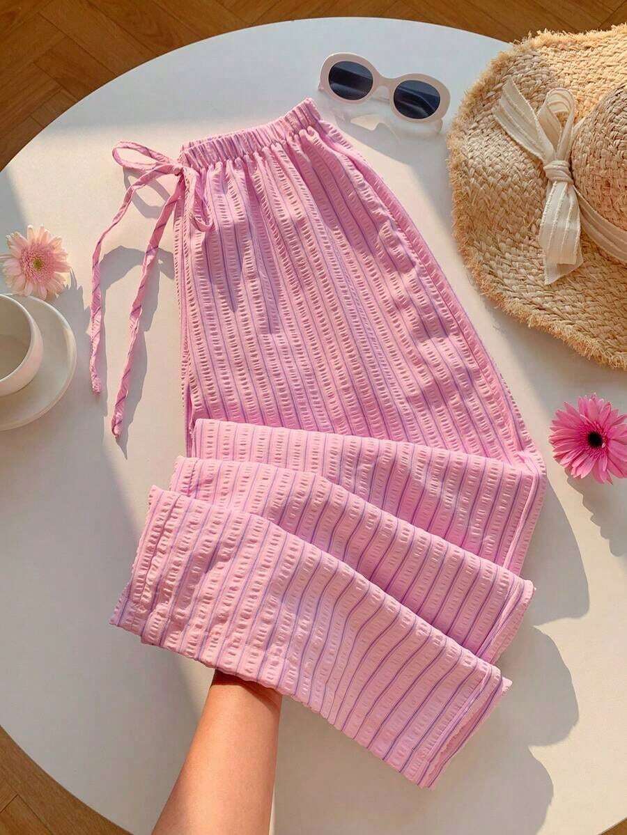 2026 Pantalones largos con cordón y estampado de leopardo negro para mujer, verano - Rosa 2 - Ver 1