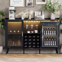 Coffee Bar Cabinet With Fridge Space, Black Wine Cabinet With Charge Station & Led Light, Liquor Cabinet With Wine Rack & Drawer, Sideboard Buffet Cabinets For Living Room, Dining Room (Black) - Black - View 3