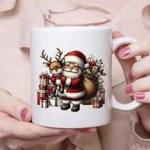 [24-Hour Shipping Within Mexico] 11 Oz Thermal Coffee Mug With Santa And Reindeer Design, Comes With A Red And White Plaid Gift Bag And A Reindeer-Themed Handle, Suitable As A Gift For Hot Drinks On Thanksgiving, Valentine's Day, New Year's And Birthdays, Ideal For Office And Home Use, With Christmas Decorations. - 2 - 查看 3