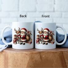 [24-Hour Shipping Within Mexico] 11 Oz Thermal Coffee Mug With Santa And Reindeer Design, Comes With A Red And White Plaid Gift Bag And A Reindeer-Themed Handle, Suitable As A Gift For Hot Drinks On Thanksgiving, Valentine's Day, New Year's And Birthdays, Ideal For Office And Home Use, With Christmas Decorations. - 2 - 查看 4