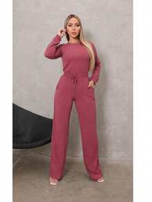 Women's Set: Wide Leg Pants And Long Sleeve Ribbed Knit Top - Premium Winter Casual Chic - 藕粉色 - 查看 2