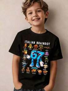 GraphicGems Boys' Basic Short Sleeve T-Shirt, Casual, Elegant, Creative, Personalized, Refreshing, Chic, Minimalist, Cool Style, With Digit 67 Football Graphic Print, Comfortable Clothing For Daily Wear, Cozy Summer And Autumn Styles, Suitable For 7 Year Olds, Graphic Clothing For Boys, Hip Hop Clothing For Boys. - 黑色 - 查看 1
