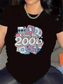 Polyester T-Shirt With A Retro 2000s Design, Ideal For Parties And Everyday Wear, Durable And Comfortable, With Soft Fabric And Stylish Print, Perfect For The Living Room Or Outdoor Activities. - 黑色 - 查看 1