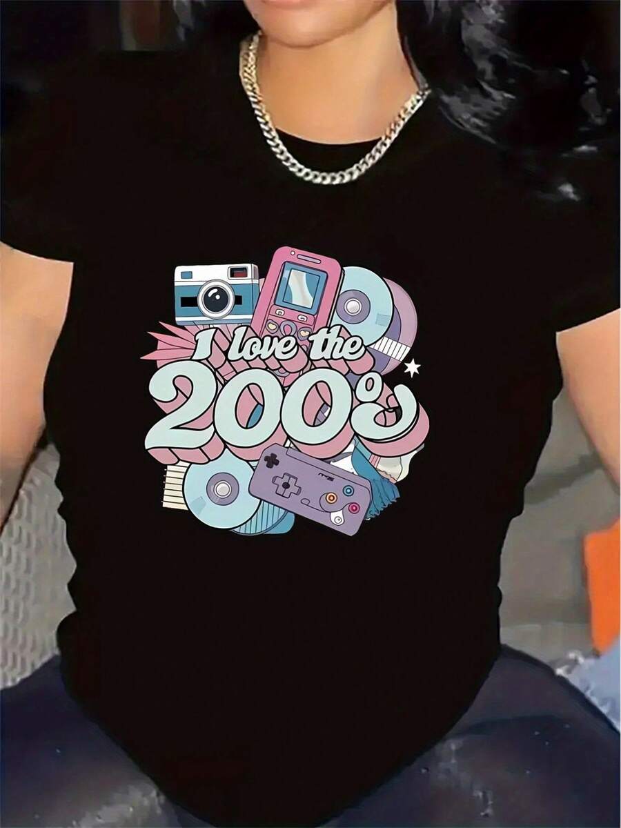 Polyester T-Shirt With A Retro 2000s Design, Ideal For Parties And Everyday Wear, Durable And Comfortable, With Soft Fabric And Stylish Print, Perfect For The Living Room Or Outdoor Activities. - 黑色 - 查看 1