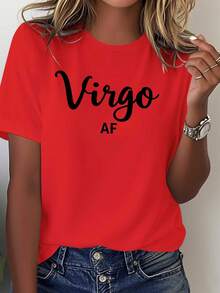 Women's Virgo Zodiac Pattern T-Shirt AF - Red Short Sleeve Crew Neck Top, 100% Comfortable And Casual, With White Cursive Lettering - Virgo Seasonal Garment And Astrology Casual Clothing - Modern Design With Text And Geometric Pattern - Machine Washable For All Seasons - Loose Fit For All Body Types - Personalized Virgo Themed T-Shirt, Virgo Women's T-Shirt. - 紅色 - 查看 7