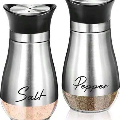 Salt And Pepper Seasoning Shaker Set, Stainless Steel Salt Container With Glass Bottle For Table, RV, Camping, BBQ, 2 Piece Set