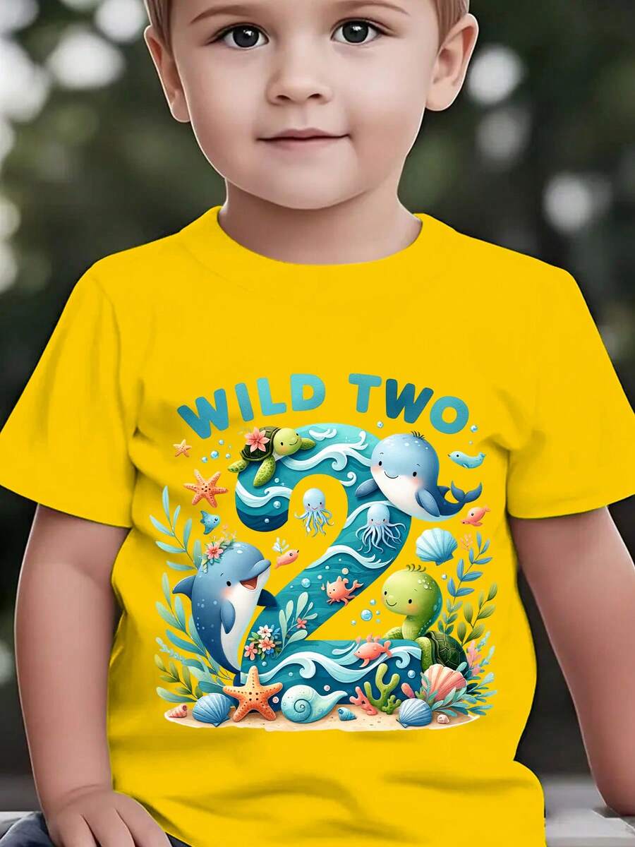 Fashionable 'Wild Two' Short-Sleeved T-Shirt For Children From The 'Birthday Series' Featuring Cartoon Prints Of Marine Animals Such As Dolphins, Turtles, Octopuses, Seahorses, Starfish And Shells, Suitable For Casual Outdoor Wear NY-DX9479 - 黃色 - 查看 1