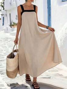 Holidaya Vestido largo de mujer de nuevo estilo de vacaciones con contraste de color, tirantes finos, espalda descubierta y lazo. Está hecho de tela fluida, con tirantes anchos de color contrastante, diseño frontal simple y diseño de lazo en la espalda descubierta, con una sensación suave y relajada adecuada para vacaciones y salidas casuales. Pertenece a la categoría versátil de vestidos largos de estilo de vacaciones con contraste de color, vestidos maxi con espalda descubierta y tirantes anchos, vestidos de vacaciones sin tirantes y vestidos sueltos con lazo. - Caqui - Ver 5