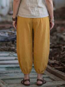 Pantalones holgados de estilo harem casuales con bolsillos laterales, cintura elástica, estampado abstracto y lavado de algodón 100% amarillo mostaza para mujer, de estilo bohemio de verano - Mostaza Amarilla - Ver 2