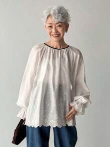 Camisa casual de algodón de unicolor y holgada para mujer con ribete de contraste en el cuello, el bajo y los puños - Blanco - Ver 3