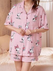 Gongdie Bộ đồ ngủ nữ Snoopy 2 món, chất liệu mềm mại, thoáng khí, họa tiết hoạt hình dễ thương và sọc, thích hợp mặc nhà mùa hè. - Hồng - Xem 10