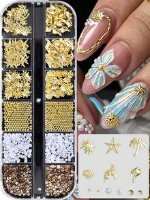 Decoraciones de arte de uñas con tema oceánico de 12 rejillas con estrella de mar, caballito de mar, perlas de metal de colores mixtos, cristales y fragmentos de conchas marinas, incluyendo dijes de uñas con cristales de colores mixtos - Multicolor - Ver 1