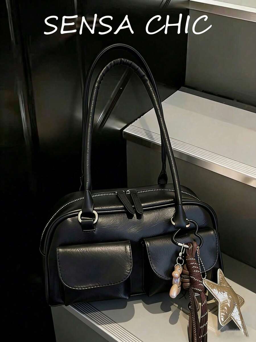 Black Fashionable Motorcycle Style Underarm Shoulder Bag, Multi-Pocket Design Suitable For Work And Commuting - Black - View 1