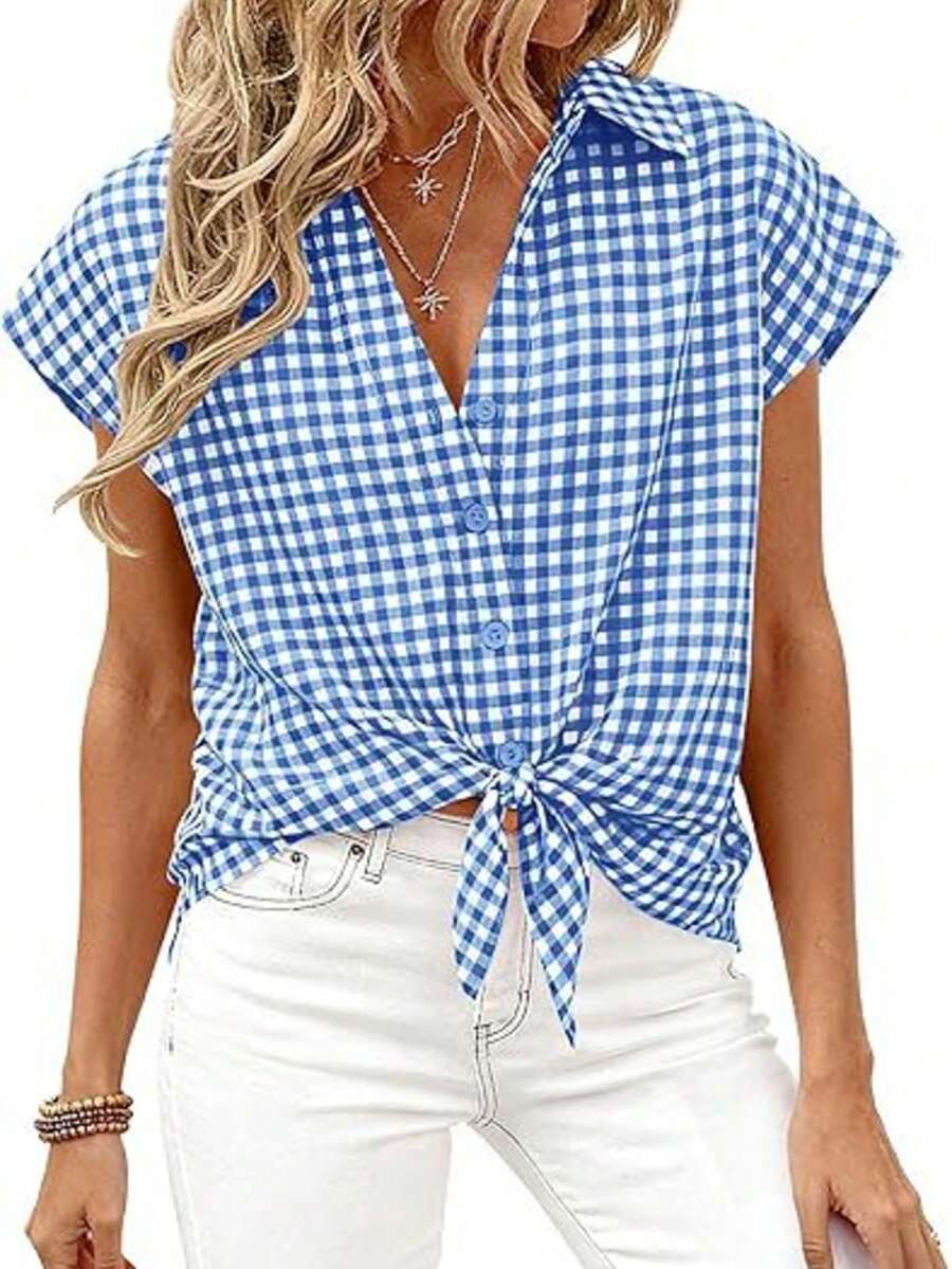 Puff Sleeve Striped Ruffle Blouse V Neck Button Front Summer Top Chic Casual Work Office Outfit For Women - 藍色格子 - 查看 1