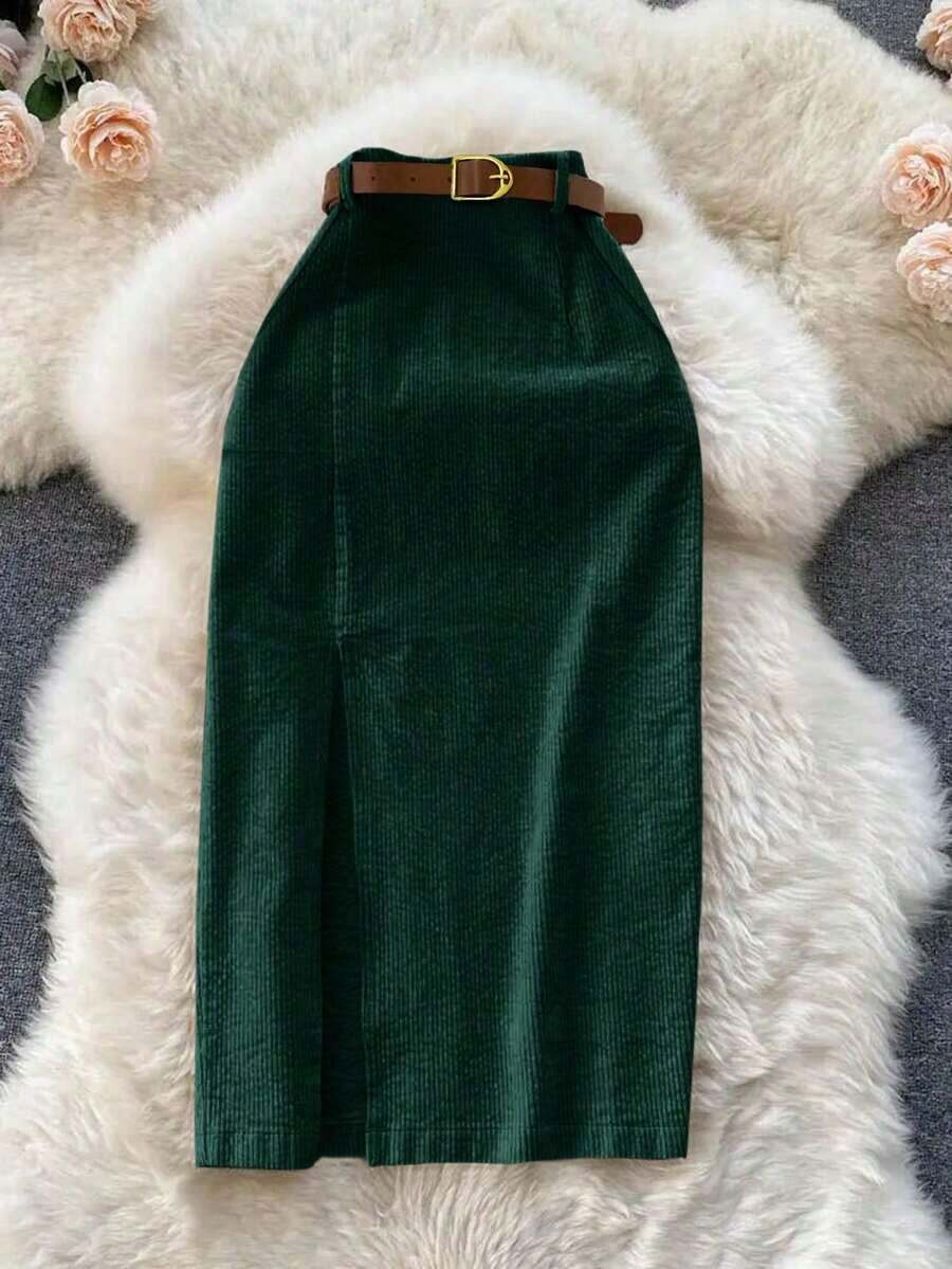 XH24 Women's Corduroy Skirt With Pockets And Slit, With Belt, In Khaki And Leopard Print - 綠色 - 查看 1