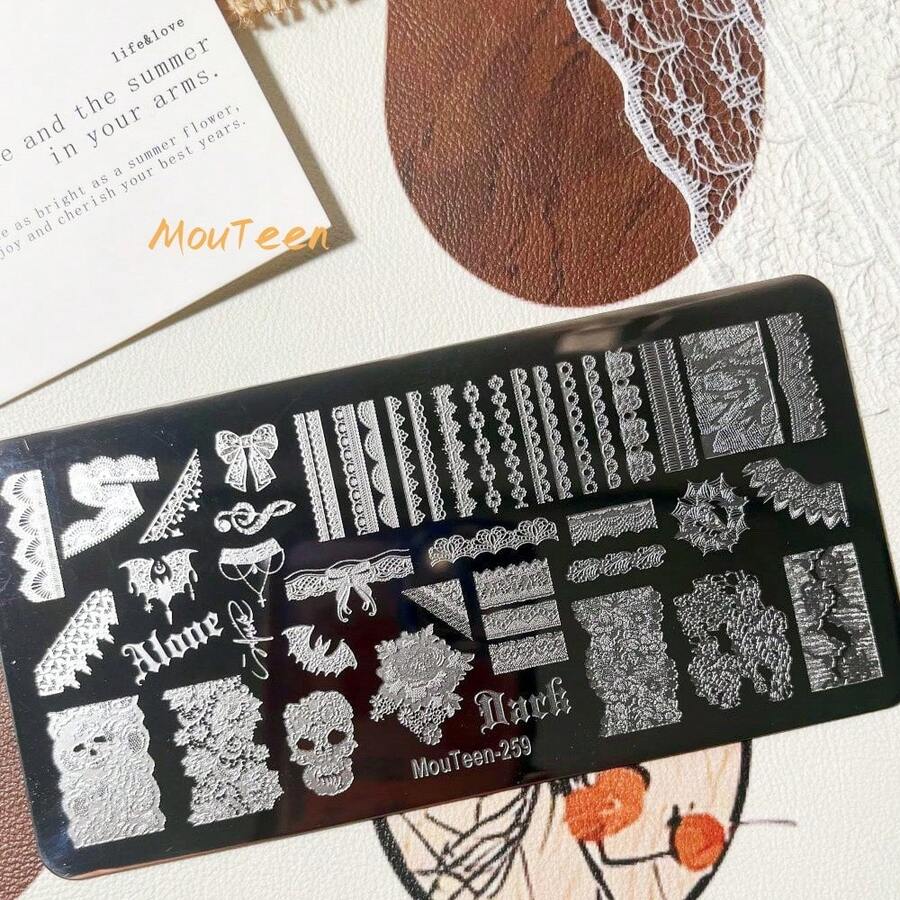 MouTeen259 Plat Stempel Seni Kuku Gaya Gotik Gelap, Renda, Tengkorak, Kelelawar Alat Stempel Kuku