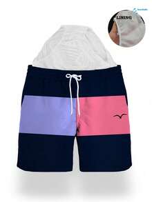 Pantalones cortos casuales de playa para vacaciones para hombre con estampado de bloques de color, cintura elástica con cordón, bolsillos inclinados y forro de malla - Multicolor - Ver 5