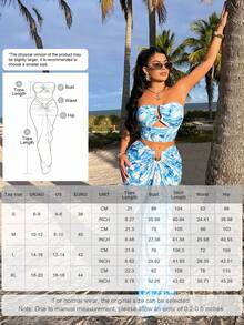 AIJ Amarilo 女款彩色印花與素色兩件套－抹胸修身金屬扣上衣搭配抓皺腰裙，春夏優雅風 - 淺藍色 - 查看 3