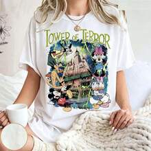 Oversized, Loose-Fitting Shirt With A Disney Tower Of Terror Design, Vintage Mickey Mouse Tower T-Shirt, Twilight Zone Disney Attraction T-Shirt, Spooky Disney Outfit - trắng - Xem 6