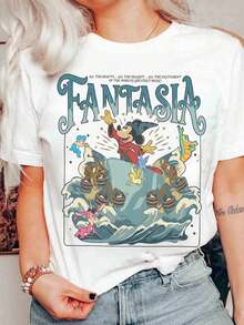 T-shirt Walt Disney Fantasia Mickey, T-shirt lumineux L'Apprenti Sorcier avec le balai magique de Mickey Mouse, T-shirt assorti pour les fêtes Disney - Blanc - Voir 1