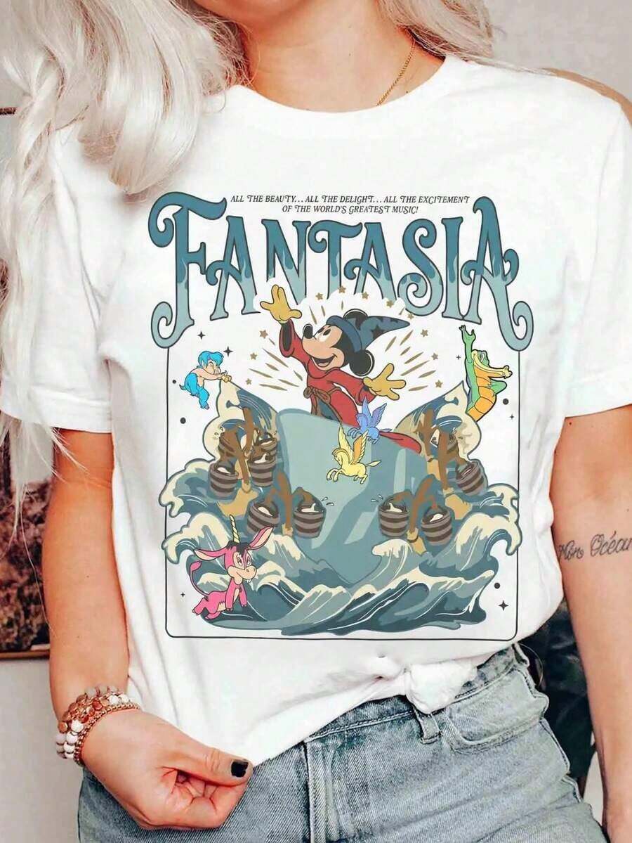 T-shirt Walt Disney Fantasia Mickey, T-shirt lumineux L'Apprenti Sorcier avec le balai magique de Mickey Mouse, T-shirt assorti pour les fêtes Disney - Blanc - Voir 1