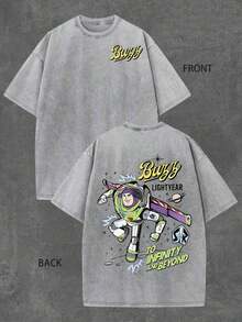 This Short-Sleeved T-Shirt Features A Disney Astronaut Buzz Lightyear Print And A Retro-Style Washed Finish. It's Breathable, Loose-Fitting, And Casual, Perfect For Everyday Wear At Home. It's A Men's Short-Sleeved Top Suitable For Spring And Summer. - 灰色 - 查看 2