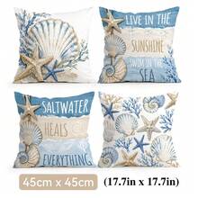 4pcs Blue & Gold Shell Text Design Pattern Pillow Covers, Single-Sided Printed Cushion Covers, Suitable For Living Room, Bedroom, Home Decor, All Seasons - Multicolor - View 12