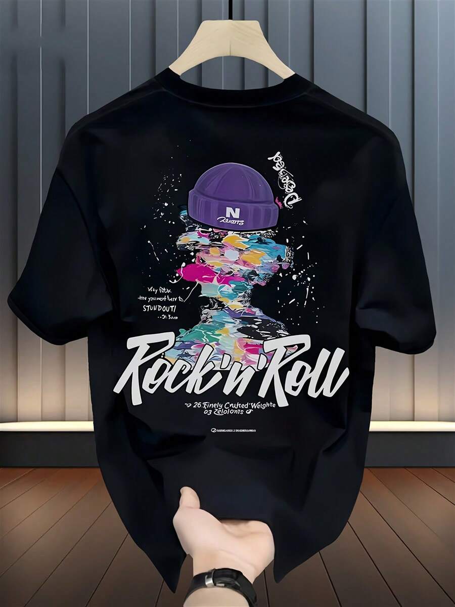 Camiseta de manga corta estampada a la moda para hombre, de algodón puro de peso pesado para verano, estilo coreano y japonés, prenda masculina versátil. - Negro - Ver 1