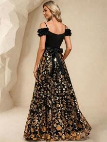 Đầm nữ thanh lịch dây mảnh hở vai thêu đính sequin, thích hợp dự tiệc dạ hội, tiệc tùng, tiệc cocktail, đám cưới. Màu đen. - màu đen - Xem 1
