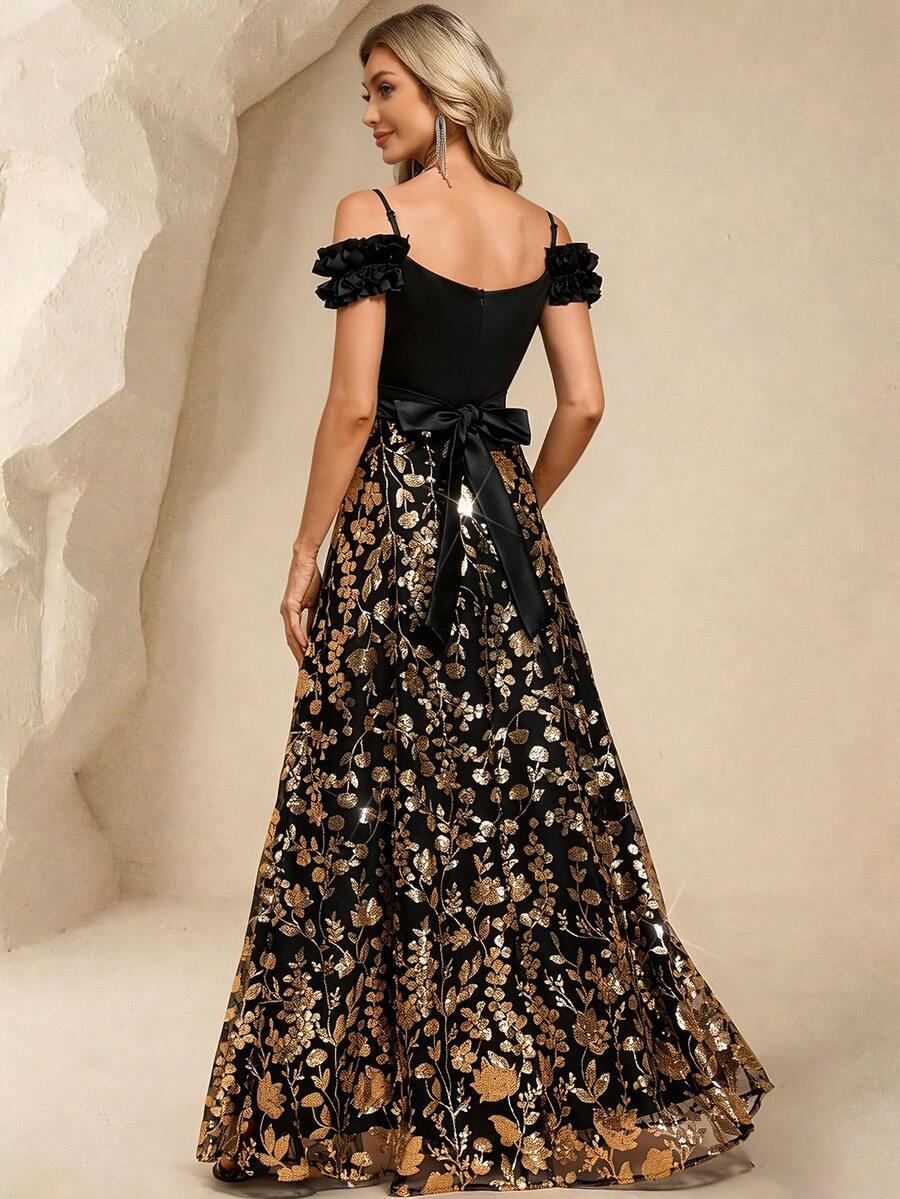 Đầm nữ thanh lịch dây mảnh hở vai thêu đính sequin, thích hợp dự tiệc dạ hội, tiệc tùng, tiệc cocktail, đám cưới. Màu đen. - màu đen - Xem 1