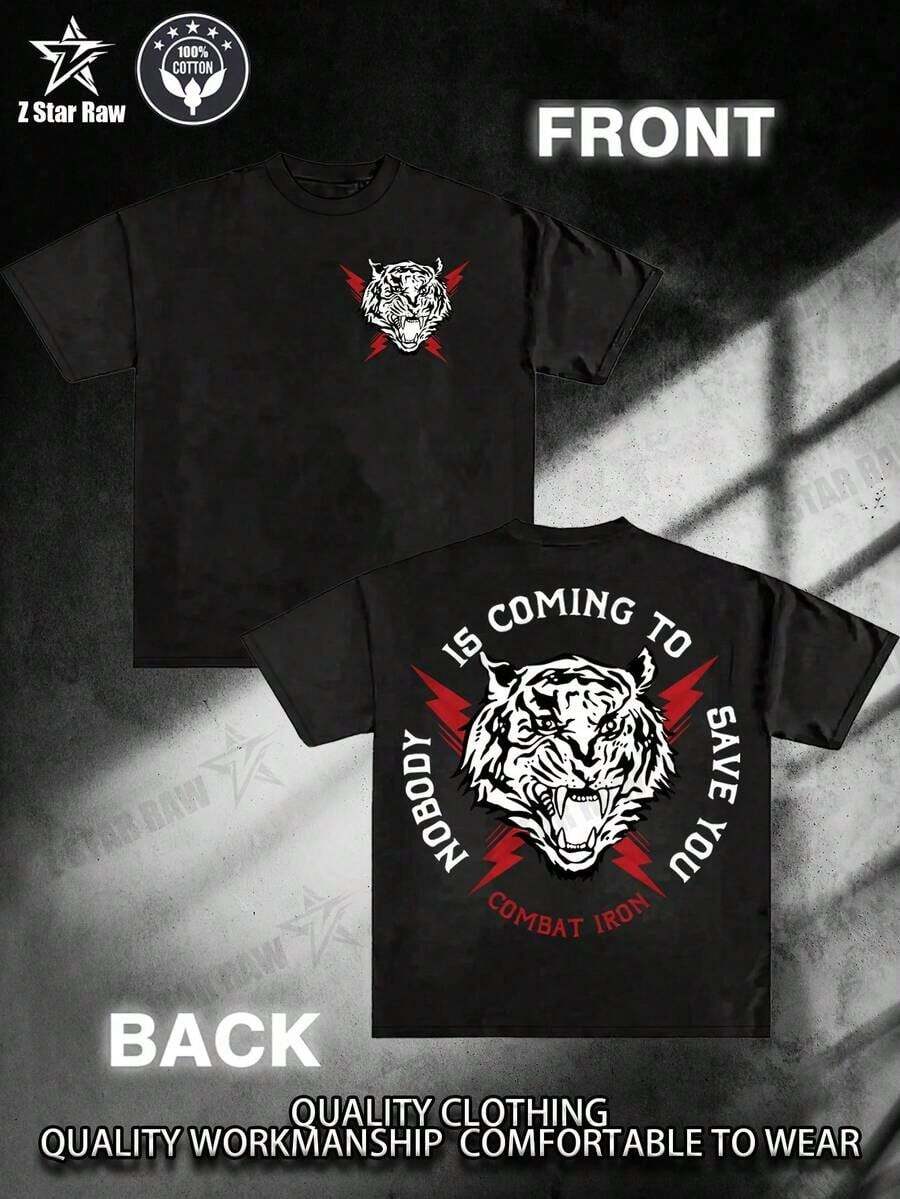 Pure Cotton T-Shirt With Fierce Tiger Print, Striking Graphic Design, Military And Urban Style For Men Who Love Fitness, Gym Workouts, Streetwear Fashion, High-Quality T-Shirts Comfortable For Everyday Wear - 黑色 - 查看 1