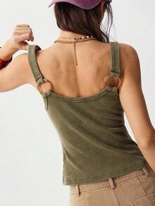 Camiseta de punto de unicolor casual para mujer - Verde militar - Ver 3