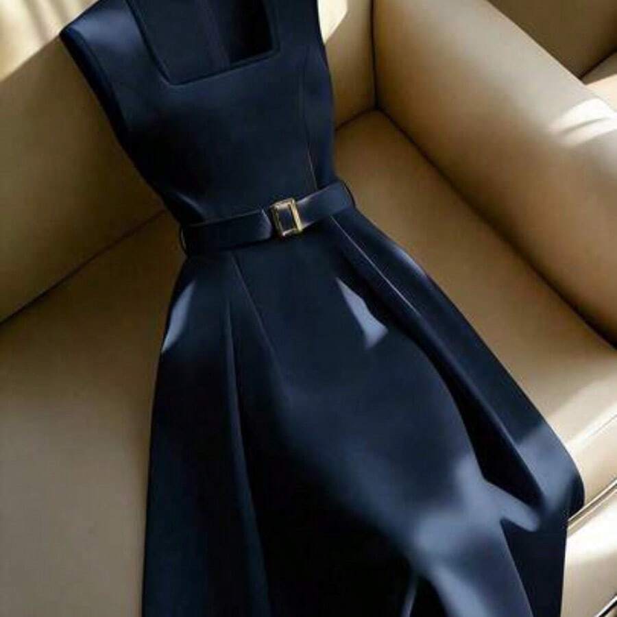 . . Vestido de corte evasé con cuello cuadrado, sin mangas, con ribete negro en la cintura, de estilo minimalista y versátil, en color beige, para primavera/verano - Azul marino - Ver 1