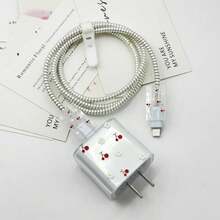 5pcs/Set 18W/20W Charger Adapter TPU Protective Case Compatible With IPhone, Anti-Fall, Floral, Cherry, Fruit Patterns, Cute & Minimalist Style, Data Cable Anti-Bite Protector, Ideal Gift For Girls - White Chrysanthemums and Red Cherries - View 1