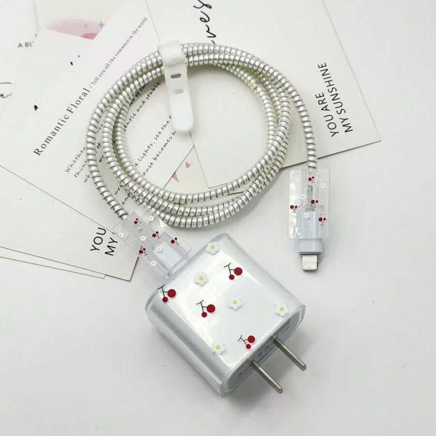 5pcs/Set 18W/20W Charger Adapter TPU Protective Case Compatible With IPhone, Anti-Fall, Floral, Cherry, Fruit Patterns, Cute & Minimalist Style, Data Cable Anti-Bite Protector, Ideal Gift For Girls - White Chrysanthemums and Red Cherries - View 1