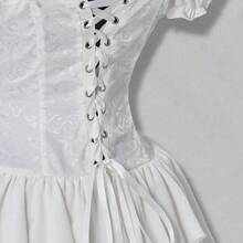 ICON Vestido corto de gasa con volantes en el hombro, cintura fruncida y estampado jacquard para mujer, elegante para fiestas y uso casual - Beis - Ver 7
