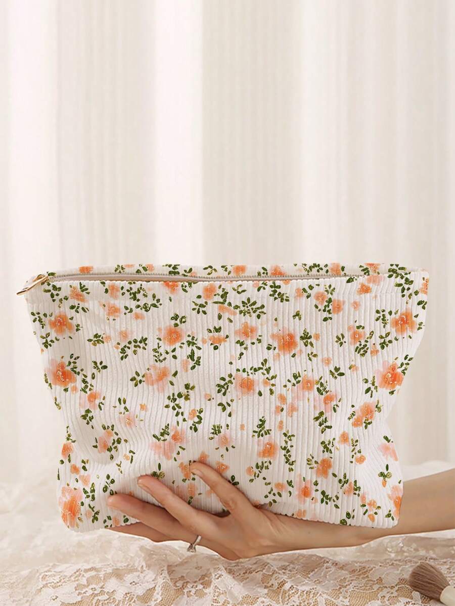 1 pieza Bolsa de cosméticos portátil con estampado floral, bolsa de maquillaje con cremallera impresa por ambos lados, organizador de artículos de tocador multifuncional para viajes - Multicolor - Ver 1