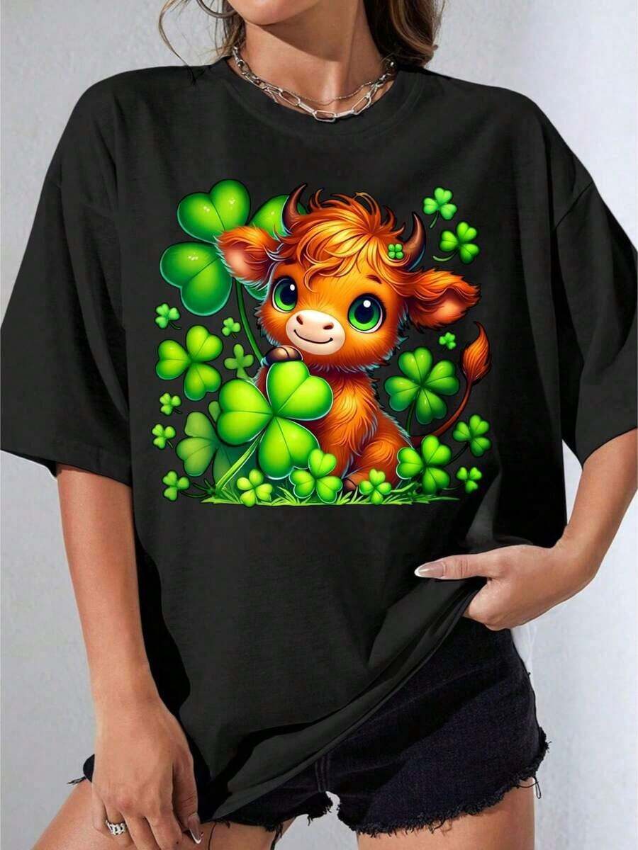 Women's T-Shirts, Casual Short Sleeve Party T-Shirt, White T-Shirt With Bull And Shamrock Print OneCute For St. Patrick's Day Celebration 220 Women's Clothing - 黑色 - 查看 1