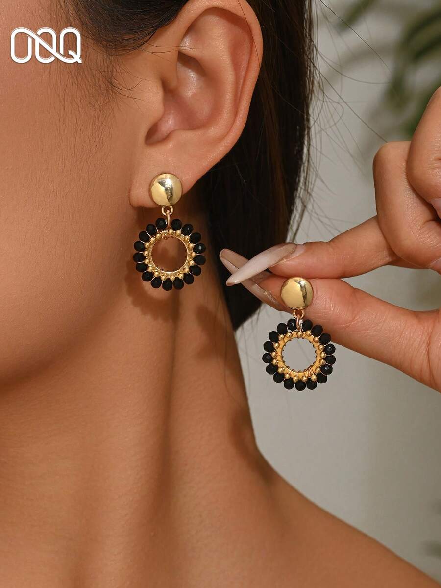 OOQ 1 Stück Vintage Boho-Stil geometrische Tropfen-förmige Ohrringe mit Kunstkristallen, modisch & elegant, vielseitig tragbar für Mädchen und Frauen, geeignet für den täglichen Gebrauch, Hochzeitssaison, Valentinstag Geschenk für Freunde und Liebhaber (handgemachte Perlen in zufälligen Farben, Mengen und Positionen) - Schwarz - Übersicht 1