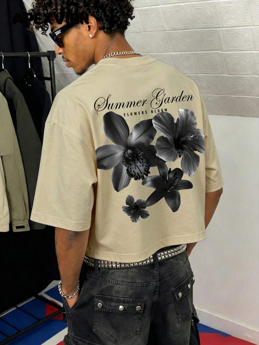 Áo thun ngắn tay dáng rộng dáng ngắn Summer Garden, họa tiết hoa đen, phong cách streetwear casual cho cặp đôi, cổ tròn - Màu Khaki - Xem 1