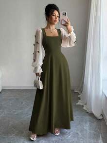 Vestido de mujer con parches tejidos, decoración de lazo y cintura ceñida - Verde militar - Ver 1