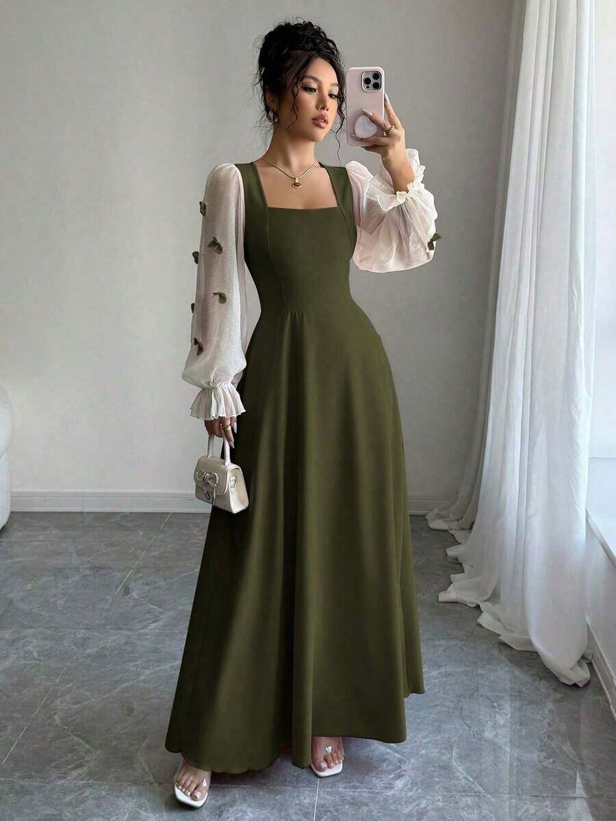 Vestido de mujer con parches tejidos, decoración de lazo y cintura ceñida - Verde militar - Ver 1