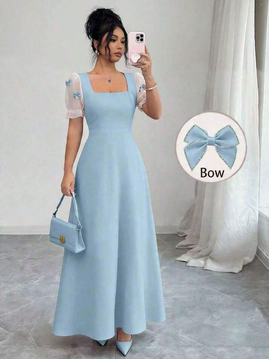 Vestido de manga corta con cuello cuadrado, decoración de lazo 3D y parches de malla - Celeste - Ver 1