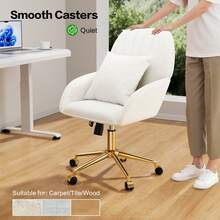 Vanity Chair With Wheels & Pillow In Velvet, Home Computer Chairs For Indoor, 360°Swivel Office Chair Adjustable Height  Modern Office Cute Desk Chair With Back & Gold Base For Makeup Room - 白色 - 查看 5