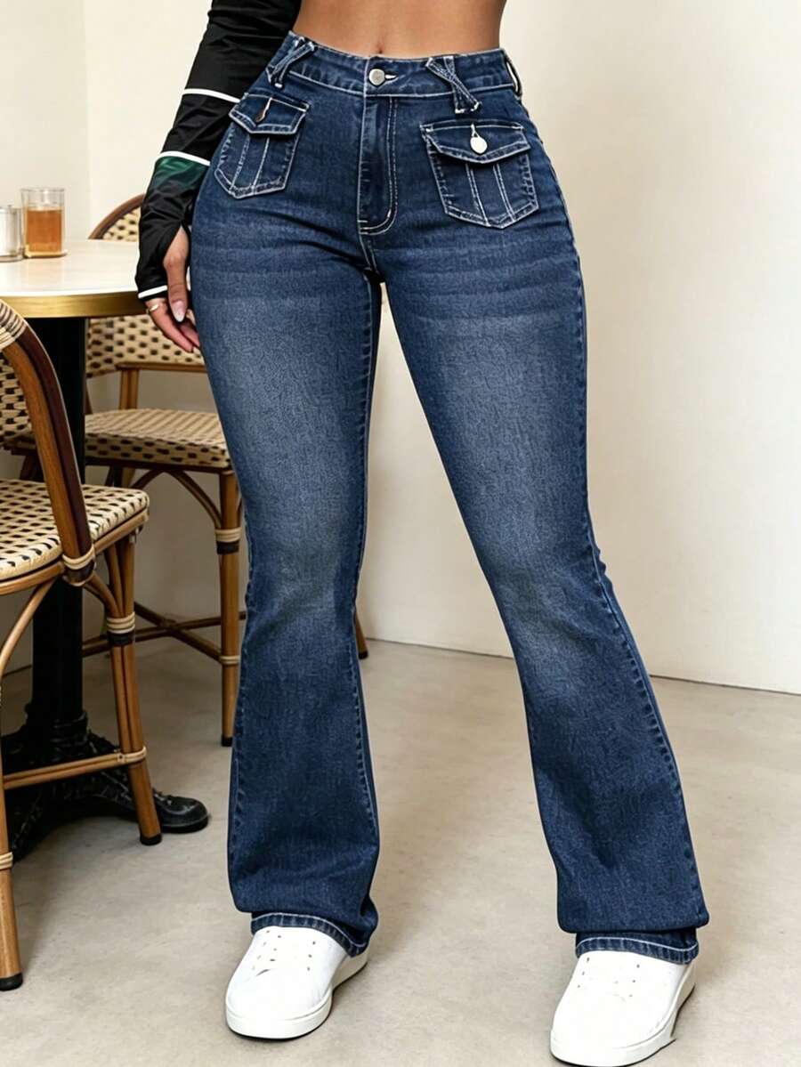 Pantalones vaqueros casuales de pierna acampanada y corte holgado con bolsillos para mujeres, Jeans diarios simples de unicolor para mujer, Jesns holgados lavados para mujer - 2058 - Ver 1